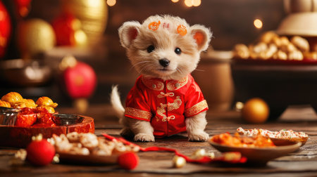 A puppy dressed as the Chinese zodiac rat, wearing a cute red outfit with mouse ears and a tail, surrounded by festive food and treats.の素材