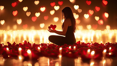 A romantic Valentine's Day proposal with a person kneeling with a ring, surrounded by rose petals and heart-shaped candles.の素材