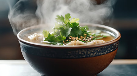 A steaming bowl of vegan wonton soup served in a traditional Chinese porcelain bowl, garnished with cilantro and sesame seeds.の素材