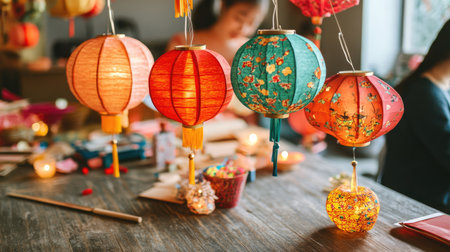 A table filled with DIY lantern kits for families to craft their own artisanal Chinese New Year lanterns at home.の素材