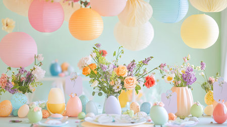 A whimsical Easter party setup with pastel paper lanterns, hanging floral garlands, and Easter egg-shaped place cards on the table.の素材