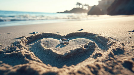 A Valentine's Day proposal on a romantic beach, with a heart-shaped design in the sand and an engagement ring placed in the center.の素材