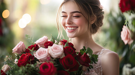A woman smiling as she holds a romantic rose bouquet with deep red and blush pink roses, surrounded by soft, romantic lighting and greenery.の素材
