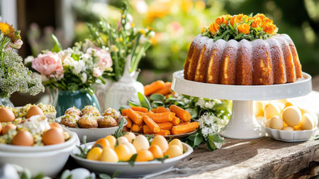 A table filled with a variety of Easter brunch treats like deviled eggs, roasted vegetables, and carrot cake, all set against a springtime backdrop.の素材