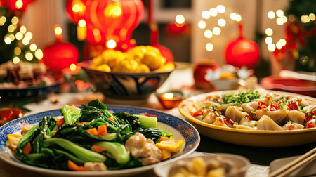 A table set with vegan Chinese New Year dishes, including stir-fried bok choy, dumplings, and colorful fruit, against a background of lanterns.の素材