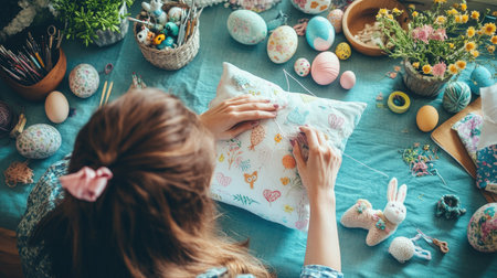A woman carefully stitching an Easter-themed pillow with cute bunny and egg designs, surrounded by crafting supplies like fabric and threads.の素材