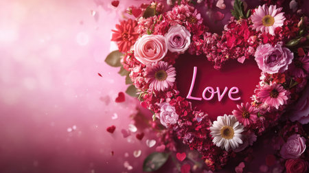 A Valentine's Day banner featuring a heart made of flowers, with a Love message in the center and pink accents.の素材