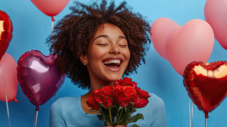 A woman joyfully receiving a rose bouquet gift, set against a backdrop of heart-shaped balloons and romantic decorations.の素材
