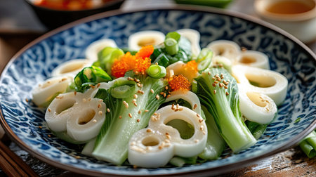 A vibrant fusion salad combining traditional Chinese New Year ingredients like bok choy and lotus root with a sesame-ginger vinaigrette.の素材