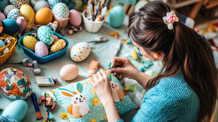 A woman carefully stitching an Easter-themed pillow with cute bunny and egg designs, surrounded by crafting supplies like fabric and threads.の素材