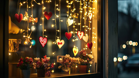 A window display with Valentine's Day decorations, featuring love-themed garlands, heart stickers, and fairy lights.の素材