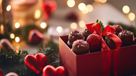 A Valentine's Day gift with a red box of chocolate-covered strawberries, surrounded by romantic decorations and soft lighting.の素材