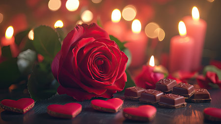 A Valentine's rose bouquet resting on a table, surrounded by heart-shaped chocolates and candles, perfect for a romantic Valentine's Day gift.の素材