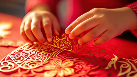 Close-up of a child's hands cutting red paper to create intricate Chinese New Year paper cut designs.の素材