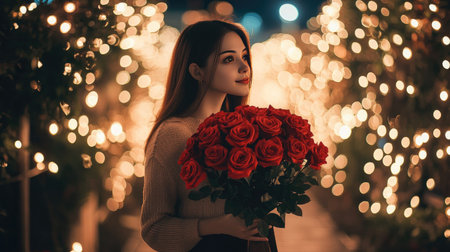 A woman holding a Valentine's rose bouquet with red roses and soft greenery, walking through a garden filled with soft, glowing lights.の素材