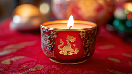Close-up of a Chinese New Year candle engraved with the recipient's name and zodiac symbol, placed on a red tablecloth.の素材