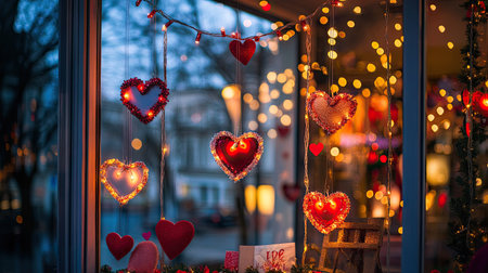 A window display with Valentine's Day decorations, featuring love-themed garlands, heart stickers, and fairy lights.の素材