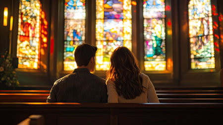 A young couple sitting in a church pew during Easter Sunday service, holding hands and reflecting, with a beautiful stained-glass window in the background.の素材