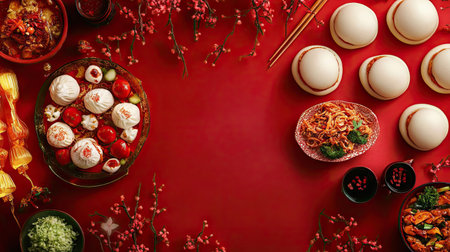 Chinese New Year bao buns with unique fillings like pulled jackfruit and kimchi, displayed on a festive red table.の素材