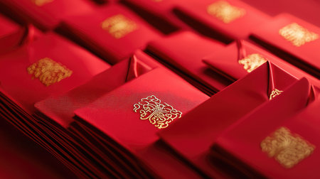 Close-up of customized Chinese New Year red envelopes with personalized names and gold zodiac symbols, arranged on a festive red tablecloth.の素材