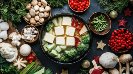 Vegan Chinese New Year hot pot with tofu, mushrooms, and an assortment of fresh vegetables, surrounded by traditional holiday decorations.の素材