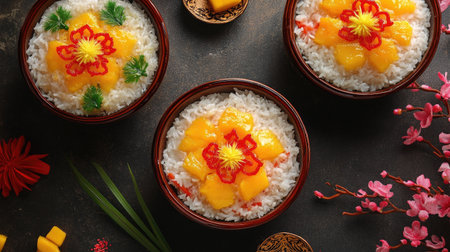 Fusion sticky rice for Chinese New Year, cooked with coconut milk, pandan, and a mango glaze, served in decorative bowls.の素材