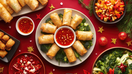 Vegan spring rolls filled with vibrant vegetables, plated alongside a sweet chili dipping sauce, with red Chinese New Year decorations.の素材