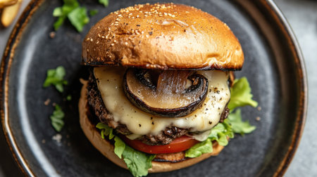 Top view of a truffle burger with portobello mushrooms and melted provolone cheese, on a rustic plate.の素材