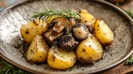 Truffle mushrooms on a dish of roasted potatoes and herbs, with a rustic presentation.の素材