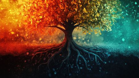 Vibrant 3D tree with radiant leaves and roots, representing the essence of life and growth.の素材