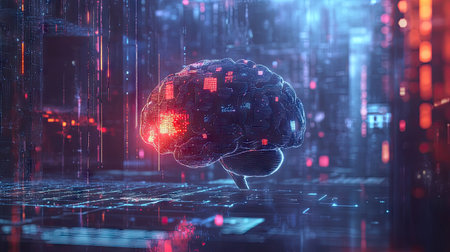 AI concept in 2D illustration, showing a neural network and a futuristic brain. Emphasizes machine learning and data analysis. Ideal for tech and science visuals.の素材