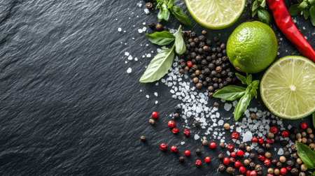 Spicy green herbs, red, black, and white pepper seeds, lime, and salt, beautifully arranged on a slate surface. Perfect for culinary visuals. -の素材