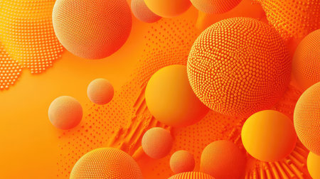Dynamic orange background with 3D spheres, each textured with dots or letters. Suitable for vibrant banner design and eye-catching abstract vector illustrations.の素材