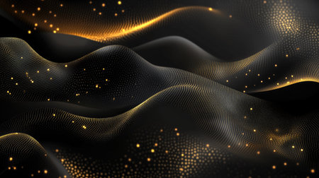 Elegant abstract modern design with a deep black background and luxurious golden elements. The vector illustration showcases a sophisticated and high-end aesthetic.の素材
