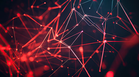 Geometric black polygon design enhanced with vibrant red light, creating an abstract and forward-thinking technology theme.の素材