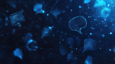 Futuristic banner showcasing glowing speech bubbles and virtual networking icons. Dark blue polygonal background with ample copy space for dialogue and e-commerce concepts. -の素材