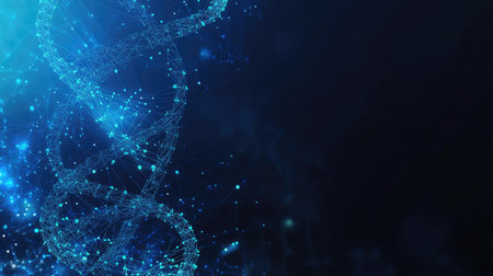 Geometric and dynamic background with scientific DNA molecules. Ideal for technology, chemistry, and medicine-related banners. Modern design with smooth wave flows and intricate details.の素材