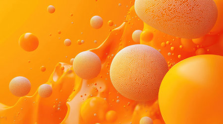 Dynamic orange background with 3D spheres, each textured with dots or letters. Suitable for vibrant banner design and eye-catching abstract vector illustrations.の素材