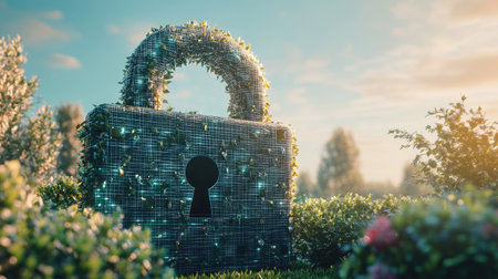 Futuristic padlock symbol in a 3D illustration, set in a garden with a bright sky, highlighting cyber security and data protection.の素材