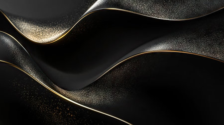 Luxurious 3D black background with curved, sparkling gold lines and open copy space, ideal for a sleek and modern template design.の素材
