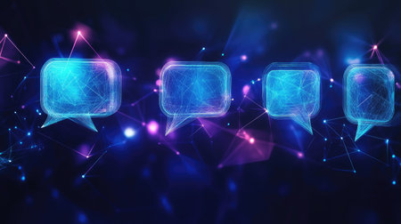 Futuristic communication banner with illuminated speech bubbles and a dark blue polygonal background. Perfect for dialogue and virtual networking with plenty of room for text. -の素材