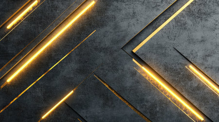 Modern geometric pattern featuring gold light arrows on a grey canvas, emphasizing a futuristic design with plenty of blank space for text or additional elements.の素材