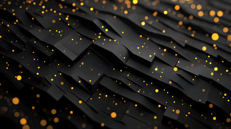 Sophisticated 3D geometric background with black paper layers and sparkling golden dots, ideal for creating a stylish and contemporary visual effect.の素材