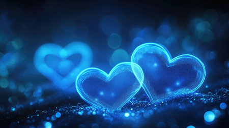 Neon blue hearts glowing gently in a bokeh banner, creating a captivating design with a romantic theme and ample space for text.の素材
