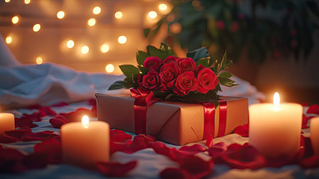 A beautifully wrapped rose bouquet gift placed on a bed, surrounded by soft petals and glowing candles for a romantic surprise.の素材