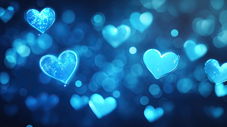 Neon blue hearts glowing softly in a bokeh effect, forming a beautiful banner design with a romantic vibe and copy space.の素材