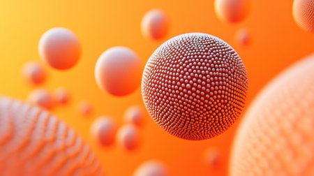 Realistic 3D spheres with intricate dot or letter textures against an orange backdrop. Ideal for creating striking banners and modern abstract vector illustrations. -の素材