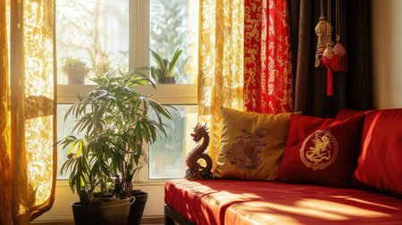 A feng shui-inspired Chinese New Year living room with red and gold curtains, a well-placed plant, and a dragon figurine to enhance luck and prosperity.の素材