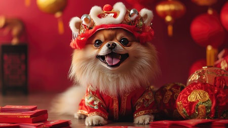 A dog wearing a Chinese New Year lion costume, with its tongue out, sitting next to a stack of red envelopes and decorations.の素材