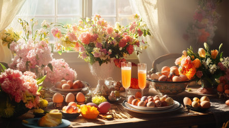 A joyful Easter brunch scene with a family toasting with mimosas at the table, surrounded by eggs, fresh flowers, and seasonal dishes.の素材